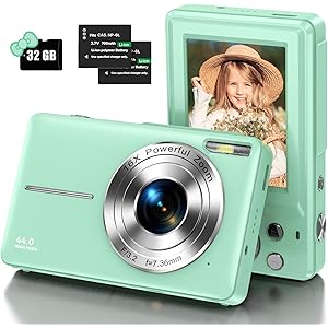IWEUKJLO Digital Camera, Kids Camera with 32GB Card, FHD 1080P, 44MP, Vlogging, 16X Zoom, Compact, Portable, Rechargeable, Green