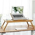 SONGMICS Bamboo Laptop Desk, Foldable Bed Table, for Left-hander, Right-hander, Height Adjustable Sofa Tray, 72 x (21-29) x 35 cm (B x H x T), with 5 Tilting Angles, Air Holes, Small Drawer LLD004