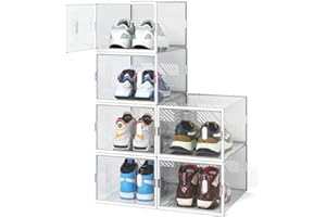 FUNLAX Shoe Storage Boxes, Pack of 6 Clear Plastic Shoe Storage Boxes Stackable with Magnetic Door, Shoe Container for Shoe Size up to 48 EU Size