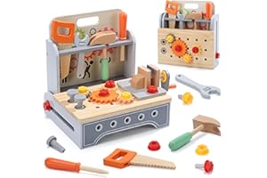 CUTE STONE Bois Boite a Outils Enfant, Boîte à Outils 2-en-1 et Mallette de Bricolage Portable, Jeux Montessori, Jeu d’Imitation de Construction pour Garçons et Filles 3 Ans et Plus