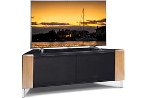 MDA Designs CORVUS Corner-Friendly Gloss Black Contemporary Cabinet with Oak Profiles Black BeamThru Glass Doors Suitable for Flat Screen TVs upto 50"