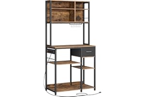 VASAGLE Étagère de Cuisine avec Multiprise, Bar à Café avec Étagères Réglables, Tiroir en Tissu, 12 Crochets, 40 x 80 x 180,4 cm, Support pour Micro-Ondes, Marron Rustique et Noir d’Encre KKS015K03