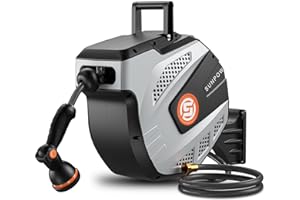 SUNPOW Carrete Manguera Jardin,15M+1.5M, Manguera Jardin Enrollable con 10 Modos de Pulverización, Retracción Automática, Bloqueo de Longitud, Base de Pared 180° Giratorio