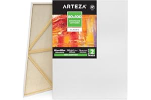 Arteza 80x100 cm Stretched Canvas, Pack of 2, 100% Cotton, Primed with Acid-Free Titanium Acrylic Gesso, for Professional Artists & Hobby Painters, Acrylic Pouring, Oil and Watercolour Painting, White