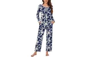 Bestbee Women's Pyjamas Set, 2 Piece Pleated Nightwear Set Long Sleeve Long Pant With Pockets Ladies Pjs Set