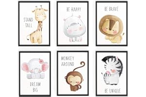 WIETRE 6er Set Bilder Tiere Kinderzimmer Babyzimmer Deko | Bild Junge Mädchen Poster DIN A4 | Waldtiere Safari Afrika Tiere Tierposter Dekoration (mit schwarzen Rahmen)