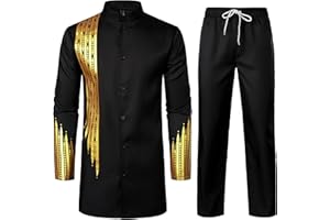 LucMatton Tenue 2 pièces pour homme - Chemise boutonnée à manches longues et pantalon - Costume ethnique traditionnel