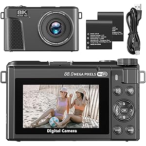 8K Digital Camera for Photography, 88MP WiFi Vlogging Camera for YouTube with 18X Digital Zoom & 3