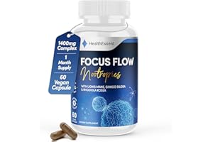 HEALTHESSENT Focus Flow Nootropics, High Strength Brain Supplement, Adaptogenic Supplement, Instant Mental Clarity & Enhanced Focus, Improve Energy Levels & Cognition with Lion’s Mane, Ginkgo & Rhodiola - 60