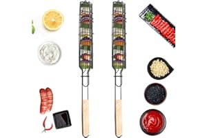 MPXEAVG 2 Pcs Panier à Grillades pour Légumes, Panier de Grillage Enroulable, Panier à Grillades, Accessoires Barbecue, Panier à Grillades à Long Manch, Panier à Saucisse pour Légumes en Vrac, Fruits, Viande