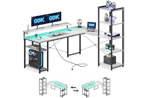 ODK Escritorio, Escritorio en L con con Estanteria, Escritorio Soporte de Monitor Largo (White, 155×140 cm con LED & enchufes estándar)