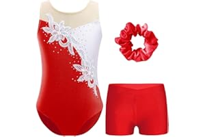 TTAO Justaucorps Paillette Gymnastique sans Manches Enfants Filles Body et Short de Sport avec Bandeau Ensemble de Sport Combinaison Danse Performance 3-16 Ans