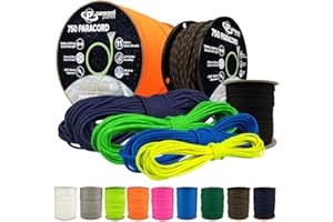 PARACORD PLANET Paracorde authentique de type IV – Corde de parachute authentique à 11 noyaux – Résistance à la rupture minimale : 340,2 kg – Écheveau de 10, 25, 50, 300 m, bobines de 7,6 m, 300,2 m