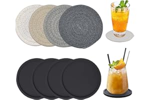 WYTNB 4Pcs sous-Verres Tissé en Coton Résistant à la Chaleur, 4Pcs sous-Verres de Tasse Ronde en Silicone Noires, Dessous de Verre Tressé Absorbant, sous-Verres en Caoutchouc pour Tasse Café Bière
