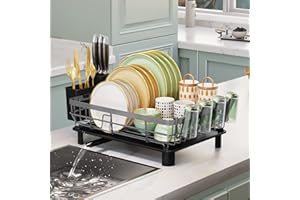 JOUING Scolapiatti da Appoggio Scolapiatti da Lavello in Metallo Scolapiatti Grigio con Vassoio Dish Rack con Porta Posate e Portabicchieri (Grigio)