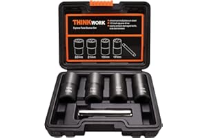 THINKWORK Twist Socket Set Lug Nut Remover Extractor Tool - 5-Piece Metric Bolt and Lug Nut Extractor Socket Tools - 17mm, 19mm, 21mm and 22mm