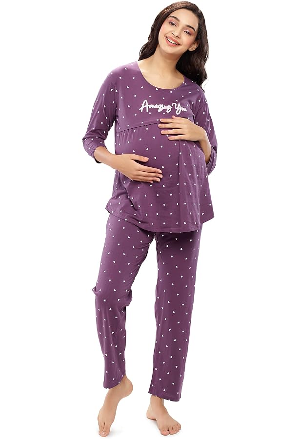 Zeyo Women's Cotton Star Print Feeding Night Suit Set - Nursing Top & Pyjama, Green & Navy Blue, Small - View #5
