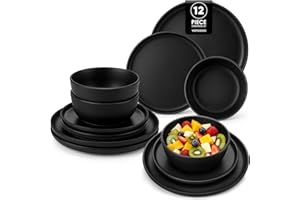 vancasso Black Dinner Set for 4, 12 Piece Elegant Crockery Sets with Matte Glaze, Modern Style Playa Plates and Bowls Set, Dishwasher & Microwave Safe