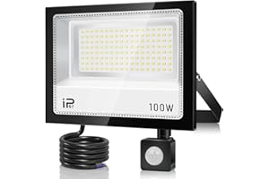 VRFMALIY Foco LED con Sensor de Movimiento 100W, 10000LM 7000K Proyector LED Exterior,IP67 Impermeable Super Brillante Blanco Frío Luz de Seguridad,Foco LED Detector Movimiento para Patio,Garaje
