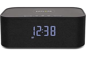 Explore Scientific BCC1001 Orologio con altoparlanti Bluetooth, Funzione ricarica wireless, Vivavoce integrato, Doppia sveglia, Display con luminosità regolabile, Nero