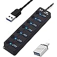 VIBOTON USB Hub with Type c OTG Dongle, USB Hub 7 Ports, 1 x 3.0 Port Cable Side, and 6 x 2.0 Ports, Hub for Laptop, 7-Port Hub with Individual Switches and Lights, High Speed Hub (Black) Cable - 30CM