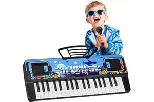 QIQUBOX Infantil Piano Teclado 37 Teclas con Microfono y Atril – Portátil Juguete Musical para 3 4 5 6 Años Principiante Niños y Niñas, Regalos Navidad Cumpleaños, Negro