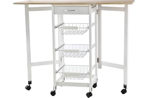HOMCOM Drop-Leaf Kitchen Cart Trolley w/ 3 Baskets Drawer Surface Top 6 Universal Wheels Rolling Storage Unit Kitchen Home Dining Island White Oak Tone