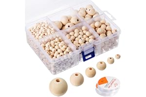 BITEFU 1235 Stück Holzperlen Natur Holzkugeln mit Loch, Kostenlos 2 Rollen Transparenten Elastischen Fadens für DIY Schmuck Herstellung, 6 Größen Holzperlen (6 mm/ 8 mm/ 10 mm/ 12 mm/ 16 mm/ 20 mm)
