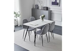 Hallowood Furniture Cullompton Small Dining Table and Chairs Set 4, White Marble Effect Top Kitchen Table and Chairs in Grey Fabric Upholstery and Metal Legs, Dining Room Sets for Home, Office & Café