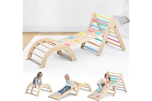 Brolteja Juguetes de escalada para niños pequeños,escaleras de escalada de madera para niños,marco de escalada plegable para niños,equipo de juego Montessori para niños pequeños (color arcoíris-3 en1)