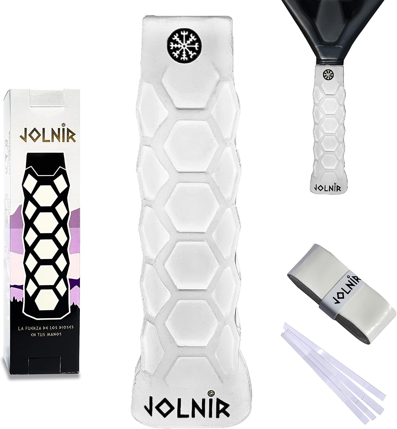 Jolnir Grip Padel Premium Blanco - Set Completo con un Grip/Mango de Padel y un overgrip - Overgrips Padél Antideslizante y Cómodo
