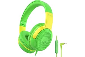 RockPapa Share 1 Cuffie per Bambini, Cuffie con Filo e Microfono per Bambina Ragazzi, 85/94dB Limitatore di Volume, Funzione Condivisione, Cuffie Pieghevoli per Scuola/Telefono/PC, Verde Giallo