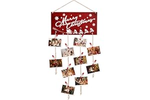 YCHELHR Christmas Card Holder Wooden Merry Christmas Wall Hanging Picture Holders with 30 Snowflake Wooden Clips Picture Holder for Xmas Greeting Card Display for Christmas Home Party Wall Decor (Red)