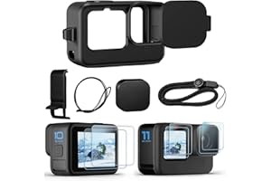 OKFUN Funda Protectora Silicona para GoPro Hero 12/11/10/9, Negro con Cubierta Lente de Goma + Protector Pantalla + Tapa Lateral Batería + Tapa Lente, Accesorios Cámara Deportiva