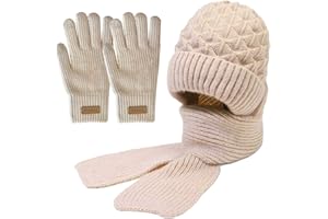JSTHHTT WintermüTze StrickmüTze Mit Schal Touchscreen Handschuhe Set Mit Dickem PlüSchfutter, Weiches, Damen Winter Warm MüTze 55-60cm, Winterschal Strickschal, Winterhandschuhe Strickhandschuhe