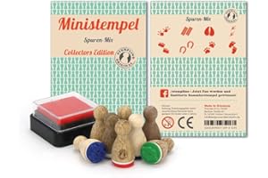 Stemplino Stempelset Spuren - 8 Ministempel aus Holz Plus Stempelkissen, Mini Stempel Set Mix