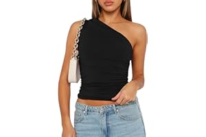 YILEEGOO Women Sexy Sleeveless One Shoulder Crop Tank Tops Ruched Tight Slim Fitted Workout Y2K Vest Top Trendy Cami Going Out Tops