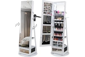 COSTWAY Smyckesskåp, roterbart 360°, spegelskåp med helkroppsspegel, LED-lampor & låda & hårtorkshållare, smyckeshylla, låsbar, golvspegel för smycken