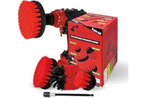 Kornely™ Spazzola Premium per Trapano-Rigida, Rossa, Set 5 Pezzi. Spazzola di Pulizia Professionale. Non Graffia le Superfici. Per Garage, Piastrelle, Pietra, Camino e Pulizia dei Cerchioni dell'Auto