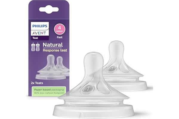 Philips Avent Lot de 2 tétines pour biberon à Réponse Naturelle 0% BPA, Débit 4 pour Bébé de 3 mois + (modèle SCY964/02)