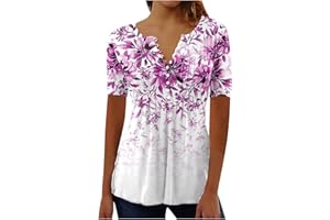 YOLOKE 2023 Summer Short Sleeve Tops for Women UK Trendy Casual Floral Graphic Shirts Tunic Blouses Plus Size Crew Neck Boho Henley Tees