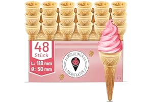 ‎MÜLHEIMER MANUFAKTUR MyNaschbar Halbsüße Softeiswaffel 48 Stück, 118 mm lang, Ø 50 mm, VEGAN – Tulpenhörnchen – Essbare Eistüten perfekt für Softeis oder Eiskugeln – Eiswaffeln Hörnchen in Eisdielen-Qualität