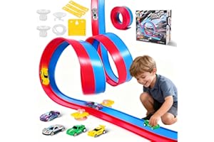 LHBUNO 4.6M Flexible Race Car Track Includes 4 Alloy Cars, Kids Boys Gifts Toys for 3 4 5 6 7 8 Year Old Boys Diecast 1/64th Cars Ramp Track Toy Car Monster Truck Roll Up Racing Track for Outdoor & Indoor