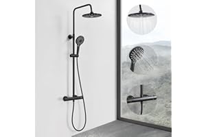 Solepearl Black Thermostatic Shower Mixer Set, Exposed 38 °C Thermostat Shower System with Hand Shower and 8" Overhead Shower, Height and Angle Adjustable
