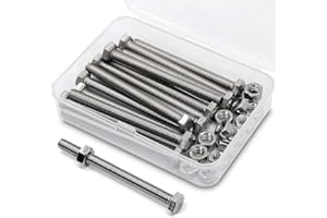 MINHER M6 x 70mm 15PCS Hex Head Screws Bolts and Nuts Set, 304 Stainless Steel 18-8, Full Thread, Bright Finish, Machine Thread