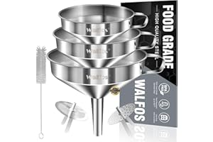 Walfos Kitchen Funnel, 3 Pack Stainless Steel Funnel (14cm+ 12cm+ 10cm) with 2 Removable Strainer ＆ 1Pcs Cleaning Brush, Perfect for Transferring of Liquid, Oils, Jam, Dry Ingredients & Powder