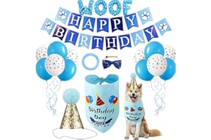 CREAHER Dog Birthday Party Supplies, Dog Birthday Bandana Hat Set with Happy Birthday Banner, Bowtie Tie and 10PCS 12 Inch Paw Print Balloon for Dog Pet Birthday Party Accessories (Blue)