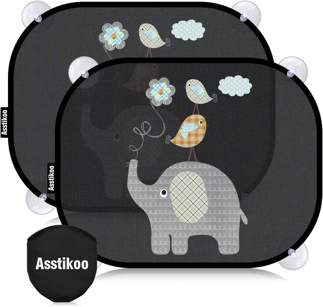 Asstikoo Car Window Shades for Baby with UV Protection, Car Sun Shade for Children, Baby Sun Visor for car, SunShade with Cute Animal Motifs, 45 x 35.5 cm, Set of 2