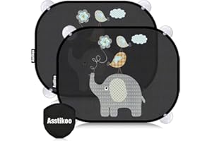 Asstikoo Pare-soleil pour voiture, bébé, avec protection anti-UV, 45 x 35,5 cm, avec 8 ventouses, pour fenêtre de voiture, enfants, avec motifs d'animaux mignons, lot de 2