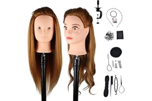 DaizySight Cabeza de Maniquí de Peluquería con Pelo Natural 60%, Cabeza de Maniquí de Cabello Humano Cosmetología Marrón Oscuro con Abrazadera y Herramientas de Peinado, Dorado, 60cm